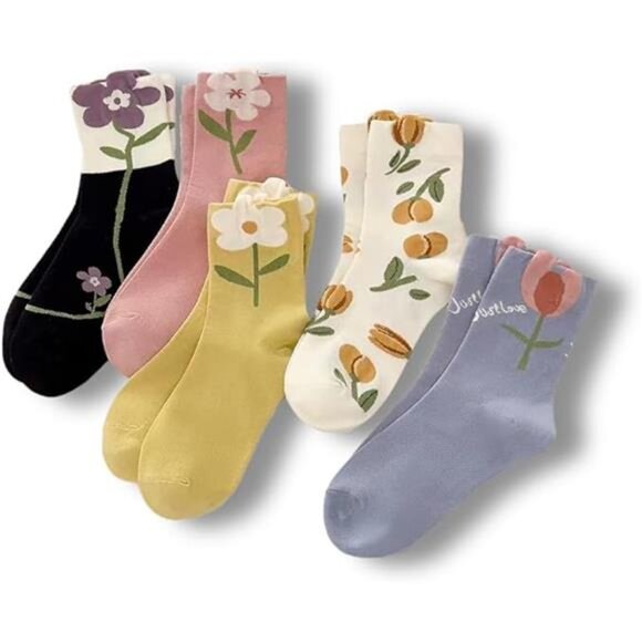 4/5 pairs Women Cute Floral Patterned Casual Cotton Crew Socks Novelty Colorful - Picture 8 of 8
